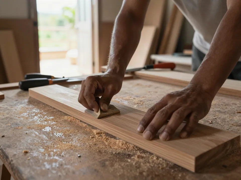 Manos lijando un tablón de madera sobre el banco de trabajo