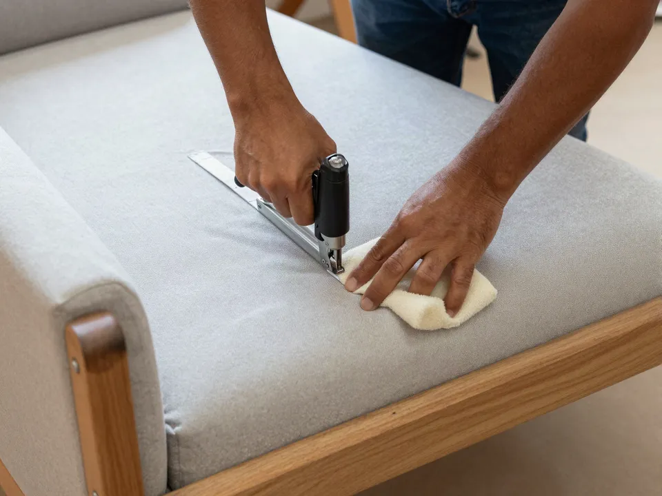 Manos grapando la tela gris de un sofá sobre su estructura de madera